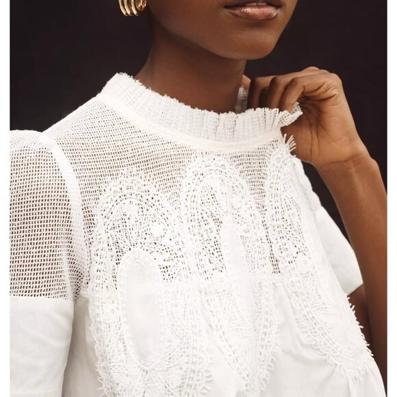 Women Lace-Detail Flared Blouse Cotton Polyshort Sleeve Crew Neck Elegant - Picture 4 of 5